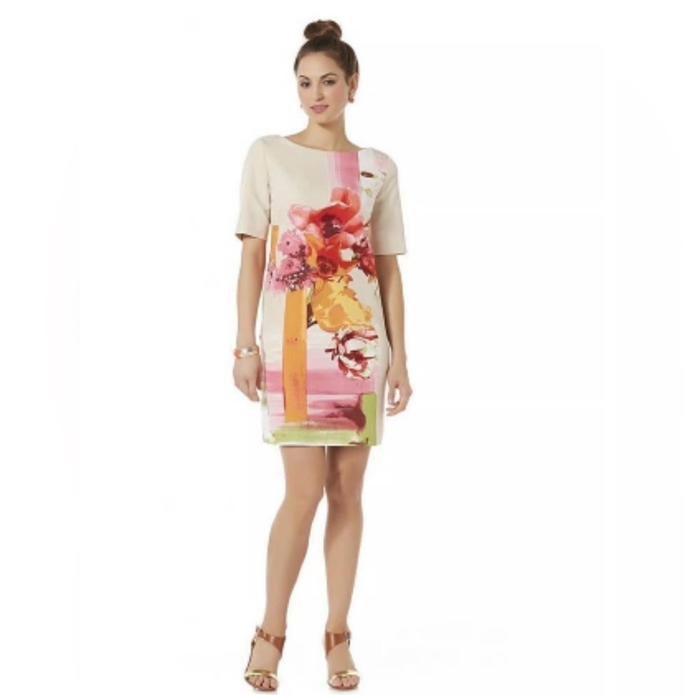 NWT Julian Taylor Cream Shift Dress Watercolor Floral Back Bow Size 8